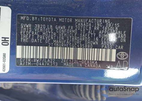 2016 Toyota Corolla S Premium from USA, damaged, VIN 2T1BURHE5GC495880